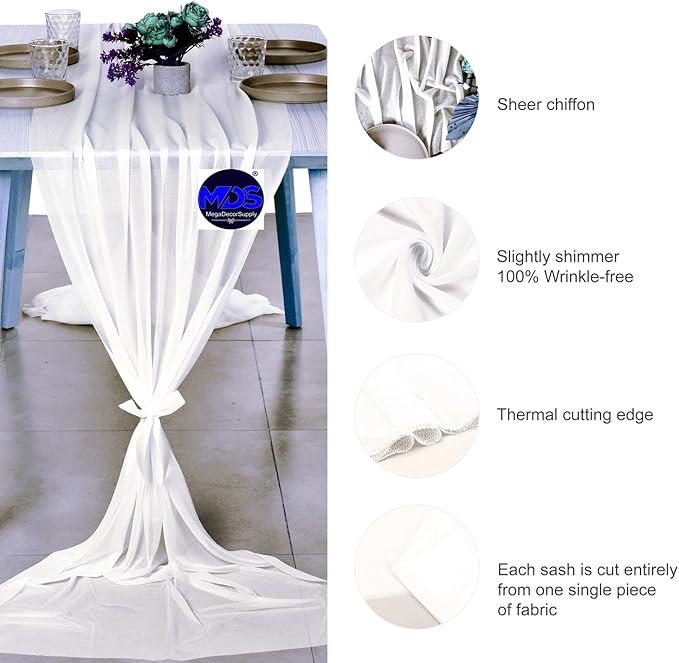 MDS 25 Pack 10ft Chiffon Table Runner 29 x 120 Inches Sheer Wedding Runner Romantic Rustic Table Runner for Wedding Decorations, Birthday Parties, Bridal Shower Party Arch Decor - Ivory