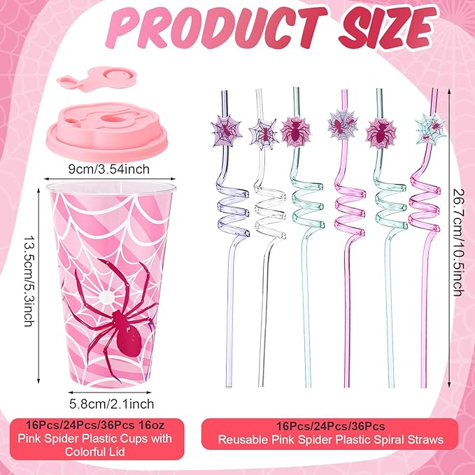 Yungyan 16 Sets Pink Spider Party Favors Goodie Cups with Lids and Straws for Halloween Party Decorations Reusable 16oz Plastic Candy Cups Plastic Straws for Birthday Gift (Pink Spider)