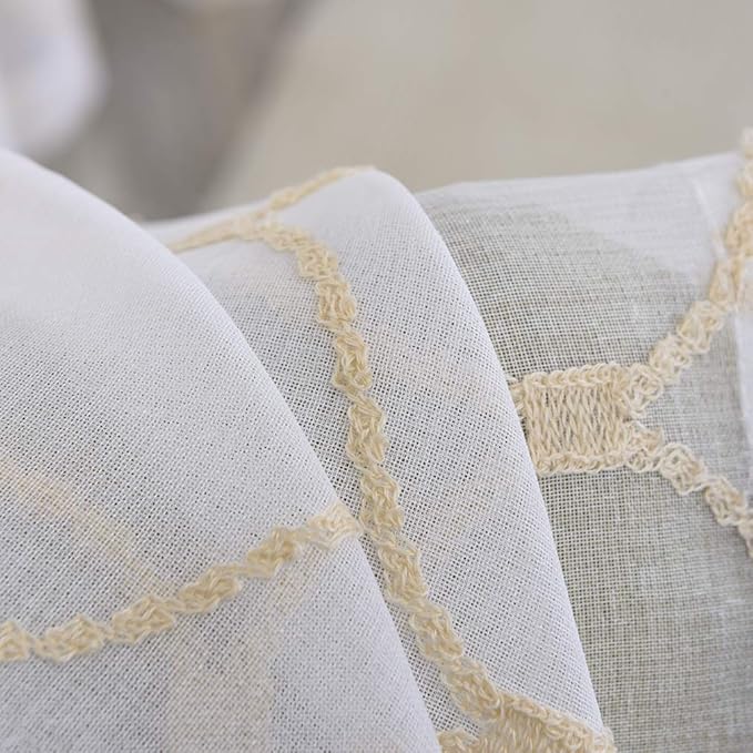 MYSTIC-HOME Embroidery Gold Sheer Curtains 84 Inches Long, Rod Pocket Sheer Drapes for Living Room, Bedroom, 2 Panels, 52"x84", Semi Crinkle Voile Window Treatments for Yard, Patio, Villa, Parlor.