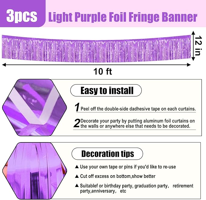 3 Pack 10 Feet Light Purple Foil Fringe Garland Metallic Tinsel Streamers Banner Wall Hanging Curtain Backdrop for Parade Floats, Christmas, Thanksgiving, Birthday Party Decorations