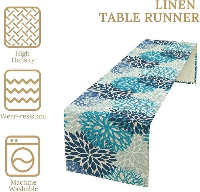 Floral Table Runner,Blue Flowers Print Spring Summer Table Cloth Kitchen Dining Table Home Party Decoration 13x72 Inch