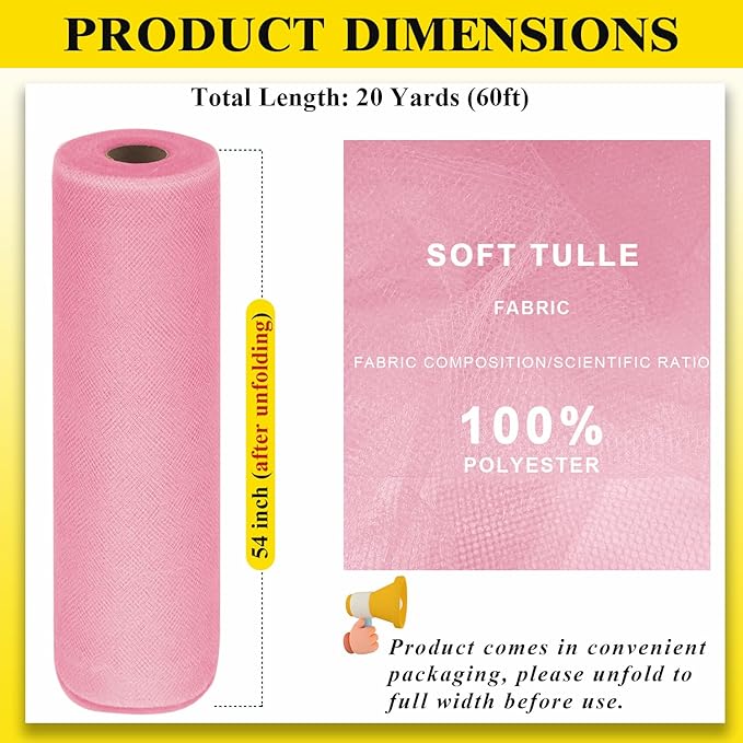 54" x 20 Yards Pink Tulle Fabric Rolls - Tutu Spool Bolt for DIY Wedding Decoration, Baby Shower Tutu Skirt, Gift Wrapping - Large Matte Tulle, Roll Packaging