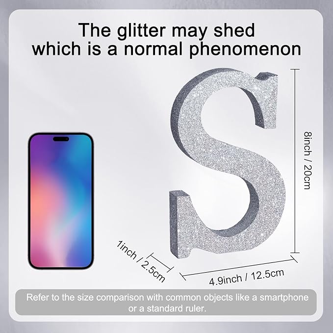 TONIFUL 8 Inch Silver Glitter Letter S Table Centerpiece A-Z Silver Birthday Party Decorations,Silver Alphabet S for Birthday,Chrismas,Graduation,Bridal Shower,Wedding,Anniversary Party Supplies