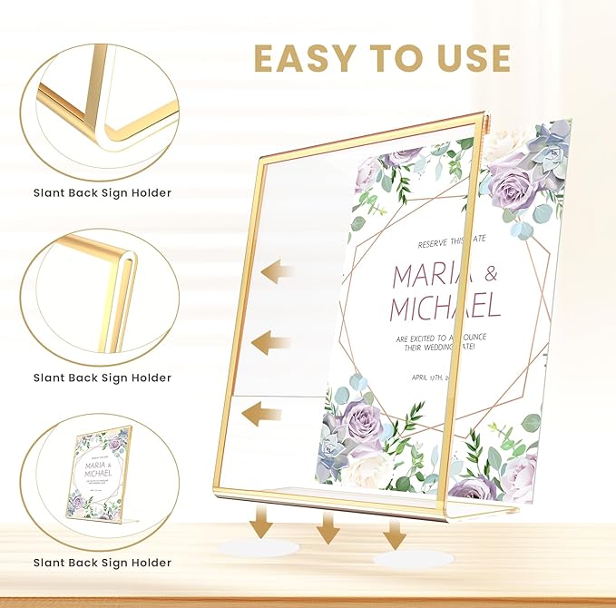 Acrylic Gold Frames 5 x7, Slanted Back Gold Picture Frames Table Acrylic Sign Holder for Photos Wedding Table Numbers and Art Display with Removable Clear Sticky Dots,3 Pack