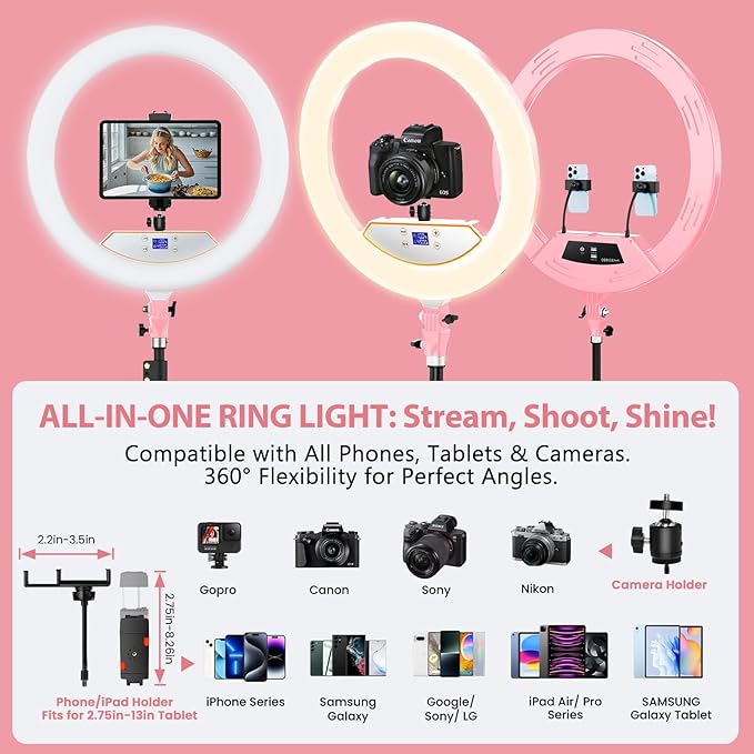 Ring Light with Stand 22inch Kit: Professional Ring Light Overhead Tripod for iPhone ipad, LCD Display/2 USB Ports for Makeup Barber Tattoo Lash Extension Video Photography Lighting (Pink)