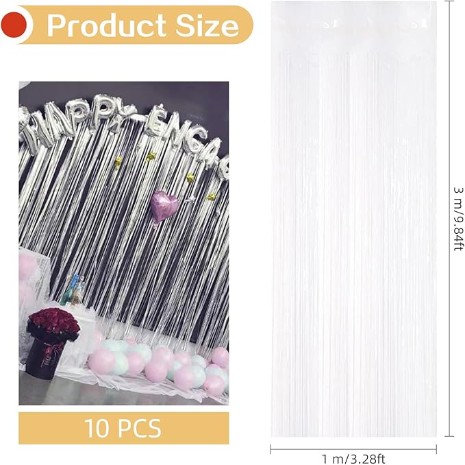 10 Pack White Foil Curtain Backdrop 3.2ft x 9.8ft Black Metallic Tinsel Foil Fringe Curtains Streamer Photo Booth Backdrop for Birthday Party Engagement Bachelorette Party Decorations (White)
