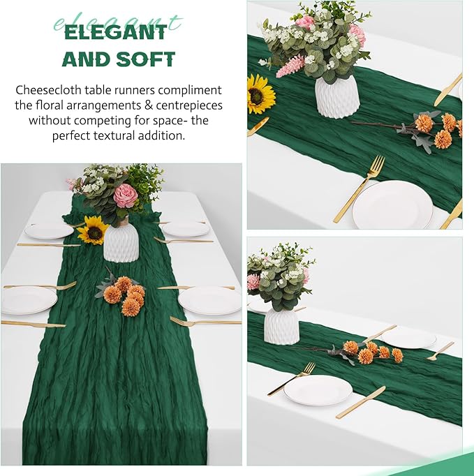 Aktor 4 Pack Emerald Green Table Runner Boho Cheesecloth Table Runner Semi Sheer Gauze Fabric Runners for Wedding Birthday Baby Shower Party Boho Table Decoration（Emerald Green）