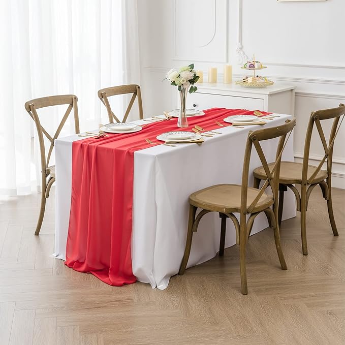 12Pack 9ft Chiffon Table Runner 14x108 Inch Sheer Romantic Table Runner for Wedding Birthday Party Bridal Shower Outdoor Decoration-Red