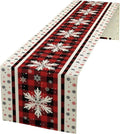 Snowflakes Christmas Table Runner,Red Buffalo Plaid Seasonal Winter Kitchen Dining Table Decoration for Home Party Decor 13x108 Inch