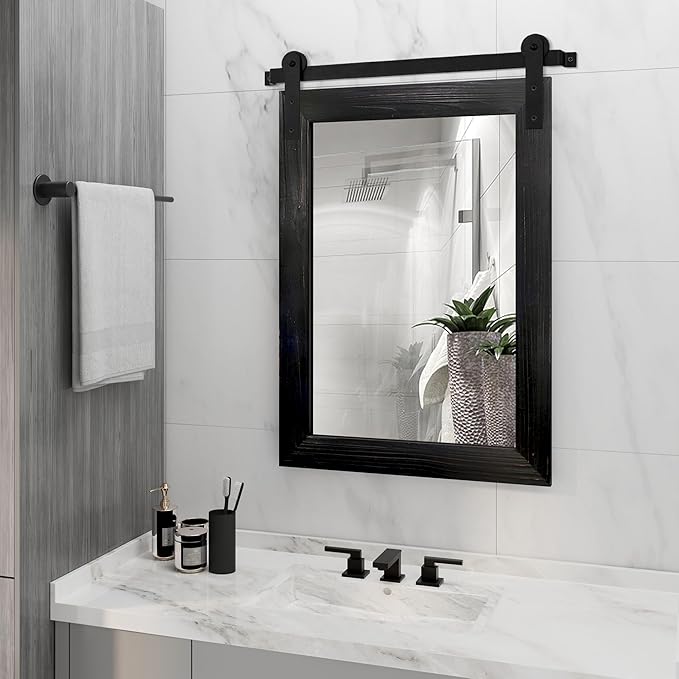 COGOOD Farmhouse Barn Door Mirror - 21 x 30 Rustic Wood Framed Wall Mirror for Bathroom, Living Room, Entryway Wall Decor (Black)
