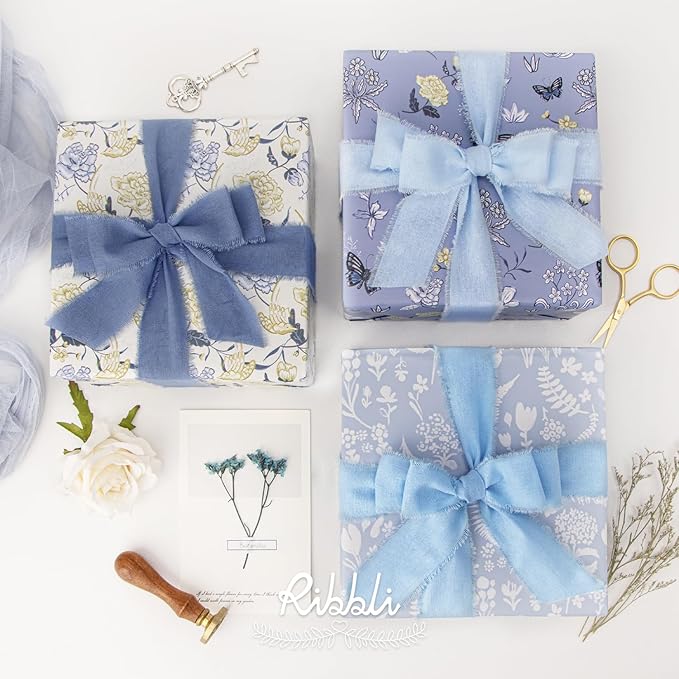 Ribbli 3 Rolls 1.5 Inch x 18Yards Light Blue Baby Blue Dusty Blue Handmade Cotton Frayed Fringe Ribbons for Gift Wrapping Wedding Invites Bridal Bouquets Baby Shower DIY Crafts Home Decor
