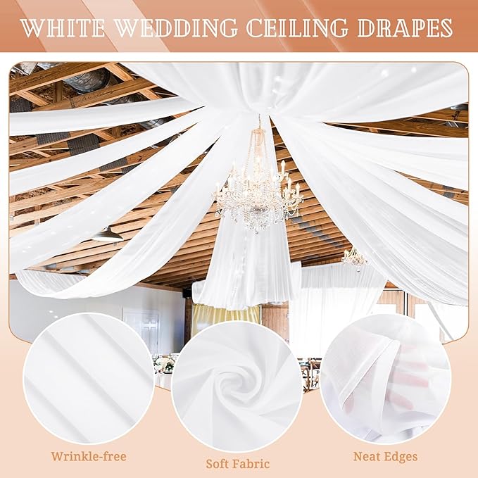 6 Panels White Ceiling Drapes for Wedding 5ftx40ft Sheer Drapery Chiffon Fabric Arch Draping Curtains for Party Ceremony Birthday Baby Shower Reception Stage Ceiling Decorations