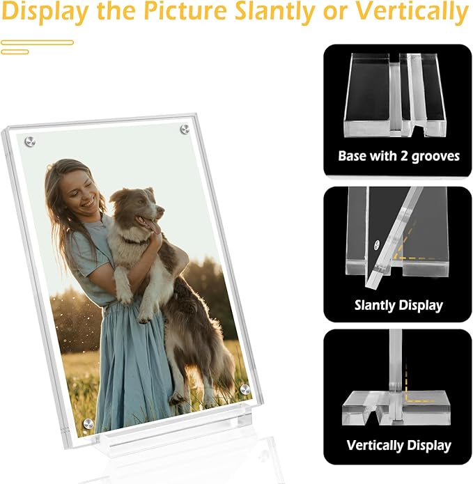 3 Pack 4x6 Magnetic Acrylic Picture Frame with Base, Both Horizontal Vertical or Slant Back Display, Double Sided Clear Photo Frame, Frameless Lucite Frames