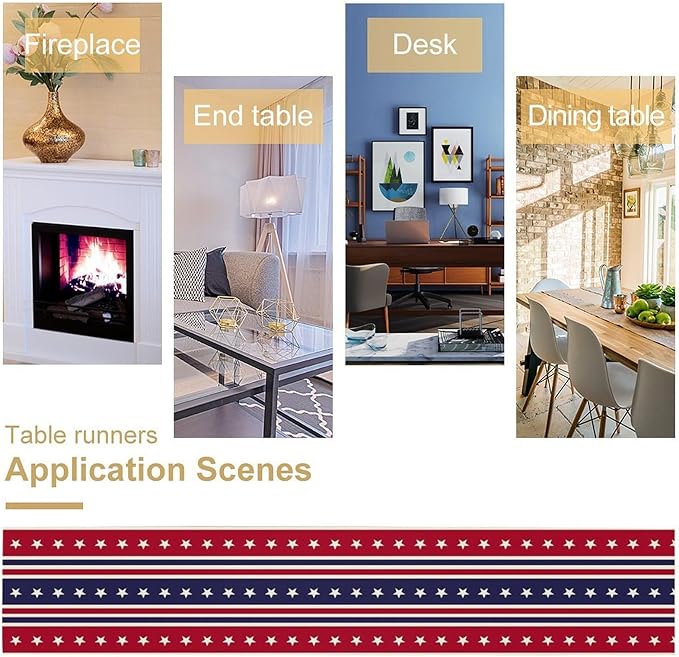 4th of July Table Runner, USA Flag Stars Stripes American Independence Day Red Blue White Stars Lines Print Table Cover for Farmhouse Kitchen Indoor Outdoor Home Party, 13x36inch