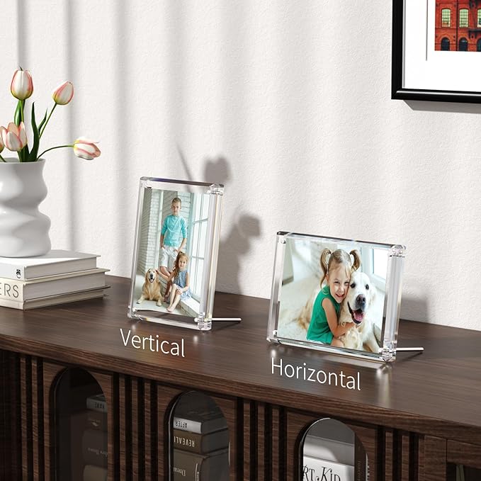 NIUBEE 4x6 Acrylic Picture Frames, Clear Photo Frame for Living Room, Diamond Edge Design, 1 Pack Portrait or Landscape Magnetic Family Thick Desktop Frameless Frame