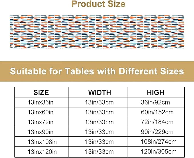 Mid Century Table Runner, Modern Style Retro Pattern Droplet Shapes Mosaic Tones Pattern Print for Home Kitchen Table Decor Dining Coffee Room Party Decor 13x72in