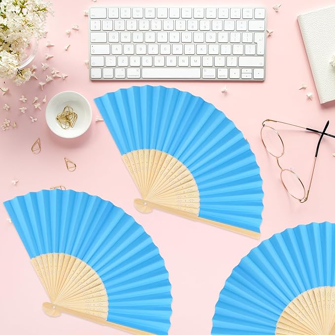 6 Pieces Blue Hand Held Bamboo Folding Fans Foldable Paper Fans Handheld for Women Girls Wedding DIY Decoration Church Home Party Favors Summer
