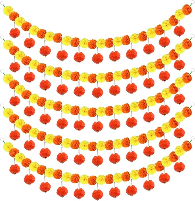 5 Pcs Diwali Artificial Marigold Garland with Pearls Decor, 4.5 Feet Artificial Marigold Flowers for Indian Pooja Diwali Home Mantle Decor Long Strands for All Year Decoration (Yellow＆Orange&Red)