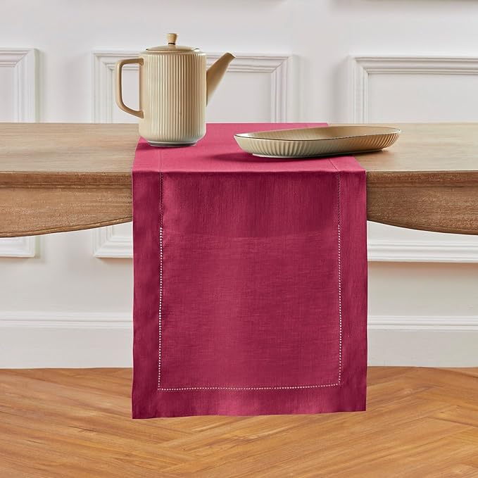 Solino Home Linen Table Runner 36 Inches - 100% Pure Linen Beet Hemstitch Table Runner 14 x 36 Inch Ideal for Dresser and Coffee Tables - Fall, Thanksgiving, Christmas, Holiday - Classic Hemstitch