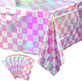 6 Pack Pink and Iridescent Checkered Plastic Tablecloth, Shiny Disposable Laser Rectangle Table Covers, Holographic Foil Tablecloth Iridescent Party Decorations for Picnic Camping Outdoor, 54x108Inch