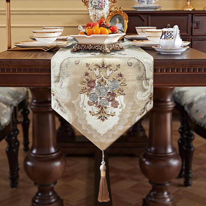 HeMiaor Chenille Jacquard Thick Table Runner Delicate Tassel for Meeting Decor and Dining Table Retro Embroidery Pattern for Christmas Festive Wedding Decoration Beige 60 inches Long