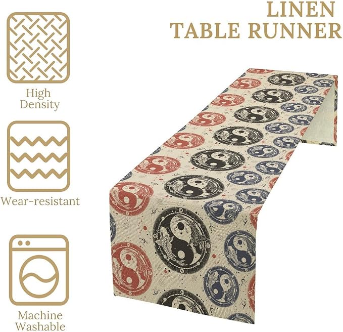 Yin Yang Table Runner, Vintage Mid Century Traditional Oriental Koi Fish Mystical Celestial Moon Stars Print Table Runner for Kitchen Dining Table Party Decor, 13x90inch