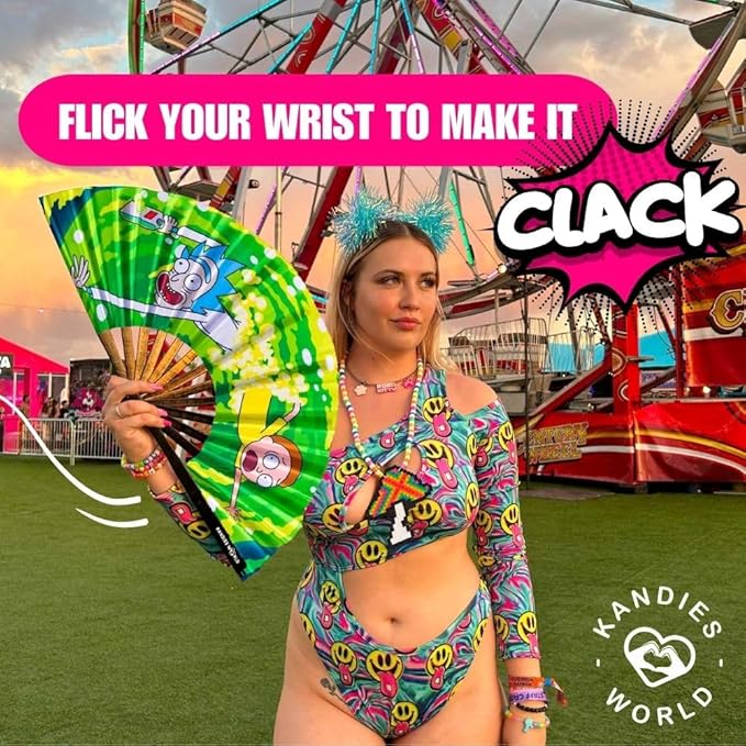 Kandies World UV Reactive Custom Festival Folding Hand Fan - Unique Designs, Made of Bamboo, Clacking Sound, Lightweight - Perfect Rave and Festival Accessory!