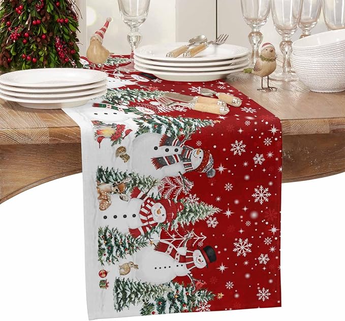 Christmas Snowman Cotton Linen Table Runner for Dining Kitchen, Xmas Tree White Snowflakes Winter Wedding Outdoor Party Tablerunners Decoration, Dresser Scarf Coffee Tablecloth Runners 13x90 Inches