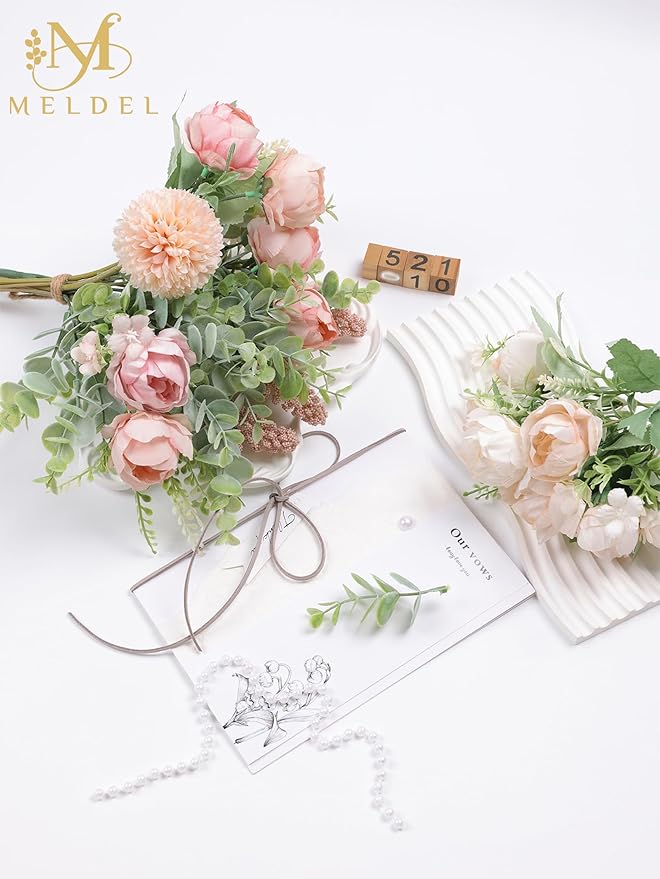 Meldel 3Pcs Peony Bouquet Light Pink Champagne Rose Artificial Flowers Eucalyptus Plants Silk Flower Arrangements Wedding Bouquets Decorations Plastic Floral Centerpieces for Home Kitchen Party Decor