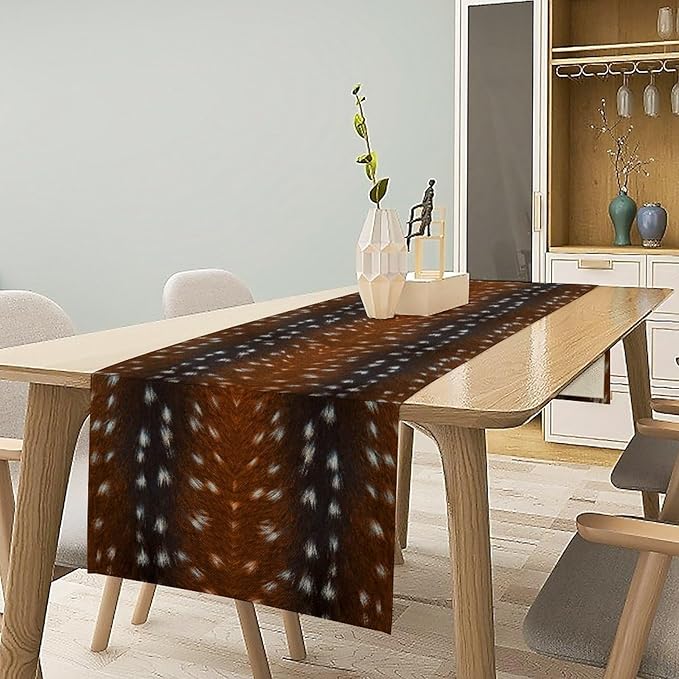 Deer Skin Table Runner Brown Fur Runner Black White Elk Deer Print Fur Western Print Cotton Linen Cottage Dinner Table Runners for Dining Room Kitchen Table Setting, 13x60 Inch