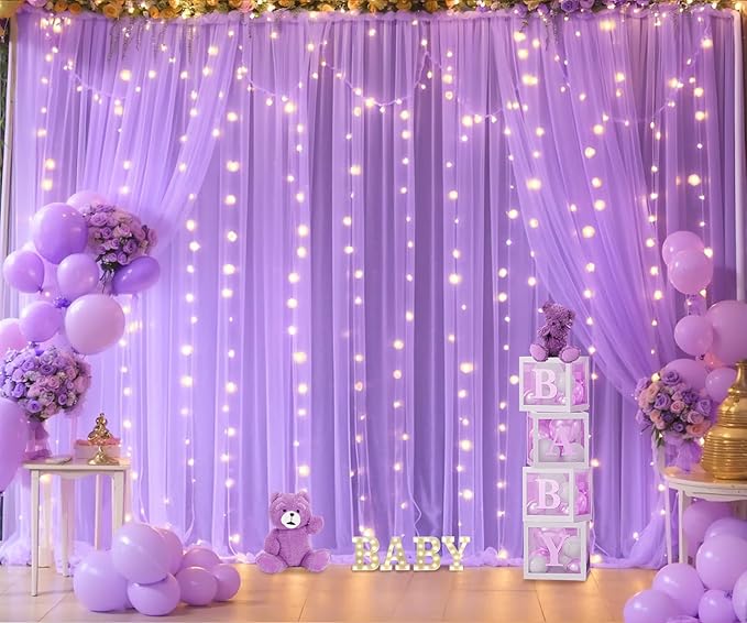 Lavender Sheer Backdrop Curtain with Led Lights for Baby Shower Girls Wedding10ft X 10ft Lavender Tulle Backdrop Curtain for Bridal Shower Birthday Party Photoshoot Arch Background Decorations