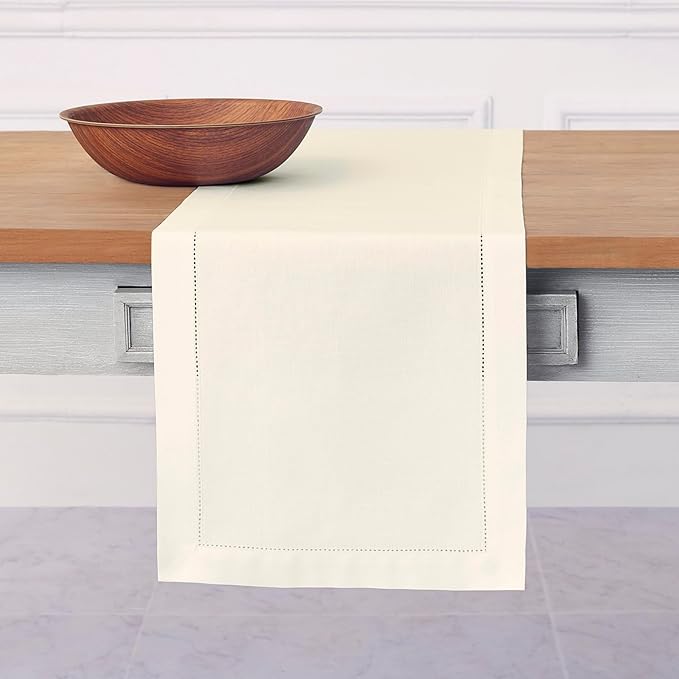 Solino Home Ivory Table Runner 144 Inches Long - Cotton Linen Hemstitch Extra Long Table Runner 14 x 144 Inch for Fall, Autumn, Thanksgiving, Christmas, Holiday