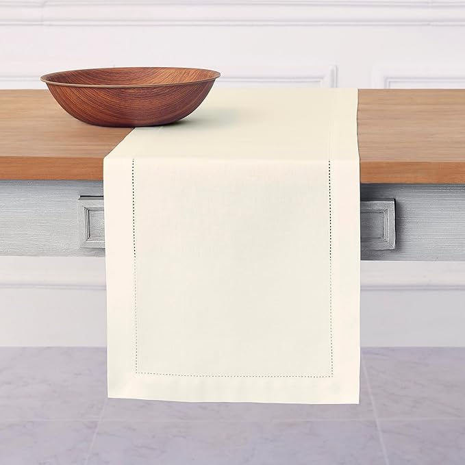 Solino Home Ivory Table Runner 132 Inches Long - Cotton Linen Hemstitch Extra Long Table Runner 14 x 132 Inch for Fall, Autumn, Thanksgiving, Christmas, Holiday