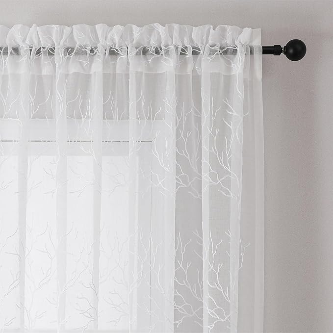VISIONTEX Sheer Curtains 63 inch Length 2 Panels Set, Decorative White Coral Embroidery, Rod Pocket Embroidered Window Drapes for Living Room and Bedroom, 54" x 63"