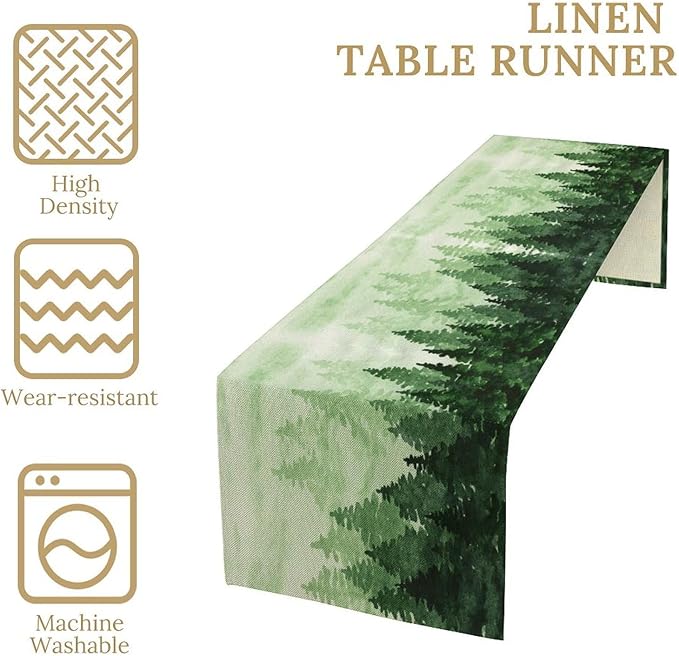Foggy Forest Table Runner,Watercolor Wreen Misty Forest Landscape Table Runner for Kitchen Dining Table Home Party Decoration 13x36 Inch