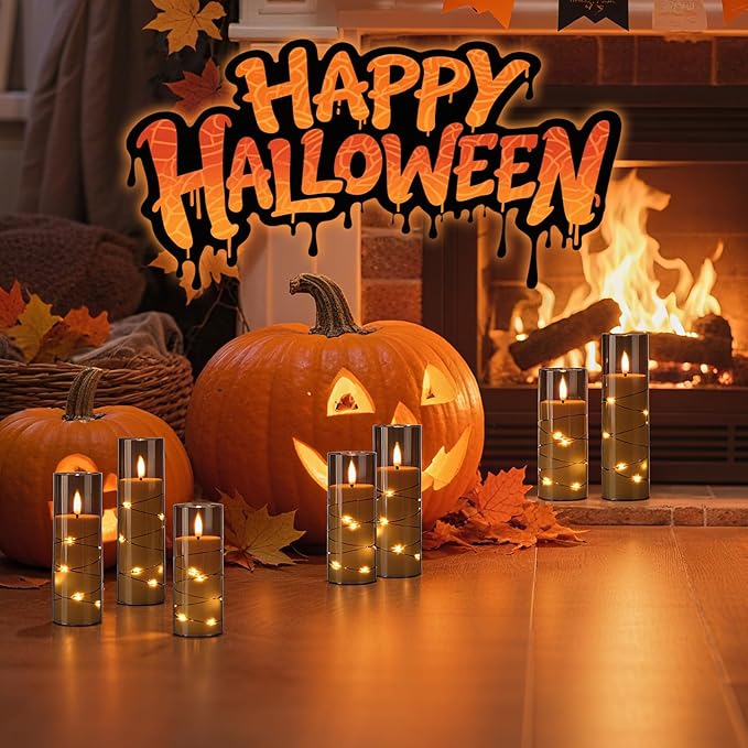 Raycare Flameless Candle with Remote Timer – 9 Flickering Acrylic Battery Operated LED Pillar Candles with Embedded Star String for Halloween, Fall Decor, Harvest Festival Gifts(Grey)