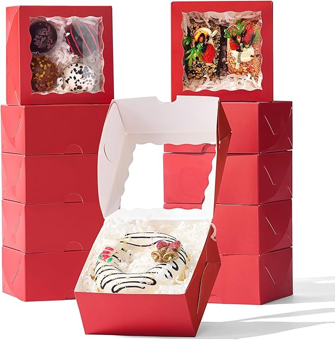 50-Count 4x4x2 Food-Safe Classic Red Bakery Boxes - Multi-Use Pastry & Treat Packaging for Cookies, Truffles & Wedding Favors (Stackable Gift Boxes for Cakes, Pies & Cinnamon Rolls)