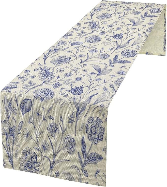 Monochrome Sketch Flowers Table Runner, Seasonal Spring Fall Plants Blue Florals Dinner Runner for Home Kitchen Dining Table Party Holiday Decoration 13"x90"
