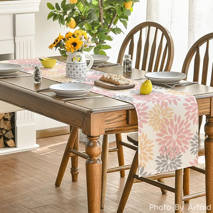 Artoid Mode Pink Dahlia Floral Pinnata Summer Table Runner, Spring Kitchen Dining Table Decoration for Home Party Decor 13x90 Inch