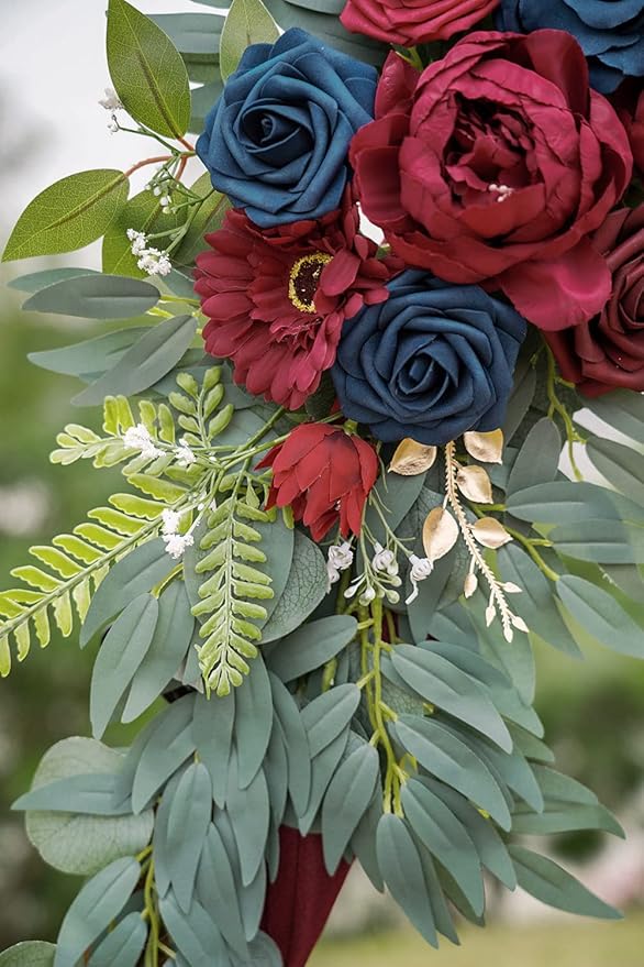 ponatia Wedding Arch Flowers (Pack of 2), Burgundy and Navy Flowers Wedding Decorations for Wedding Welcome Signs, Wedding Arches for Ceremony Reception