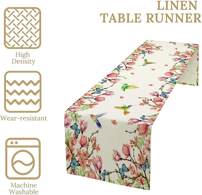 Vintage Watercolor Flower Hummingbird Table Runner Seasonal Spring Garden Plants Birds Florals Farmhouse Country Kitchen Dinner Runner Dining Table Decoration 13"x36"