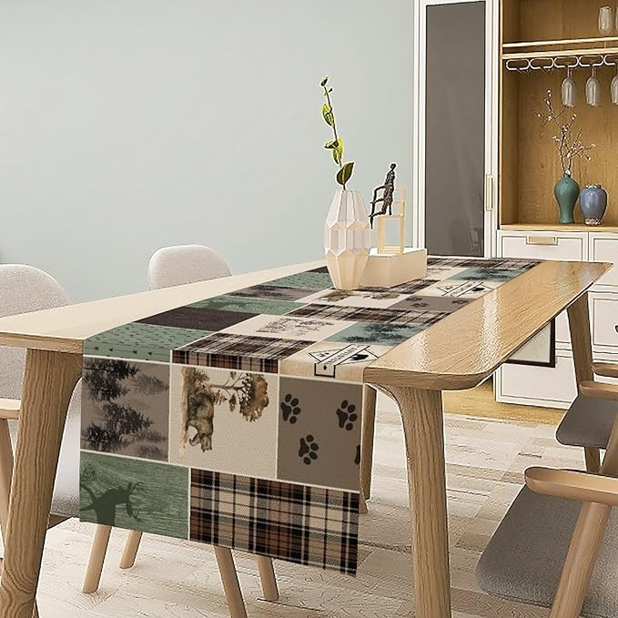 Bear Deer Table Runner,Rustic Lodge Retro Country Farmhouse Buffalo Plaid Print Tablecloth Burlap for Hotel Indoors Outdoor Dining Room Kitchen Home Decor,W13X L70 in