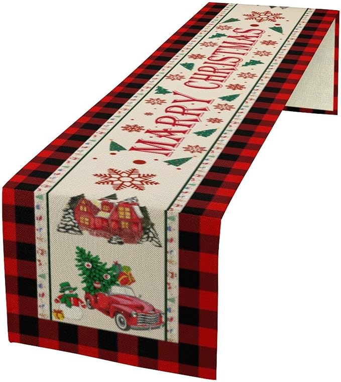 Merry Christmas Table Runner,Winter Xmas Holiday Table Cloth Kitchen Dining Table Decoration for Home Party Decor 13x60 Inch