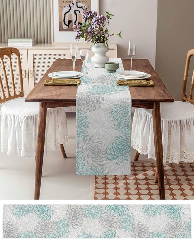 Auqa Chrysanthemum Cotton Linen Table Runner for Dining Kitchen, Wedding Outdoor Party Tablerunners Decoration, Farmhouse Floral Botanical Leaves Dresser Scarf Coffee Tablecloth Runners 13x60 Inches