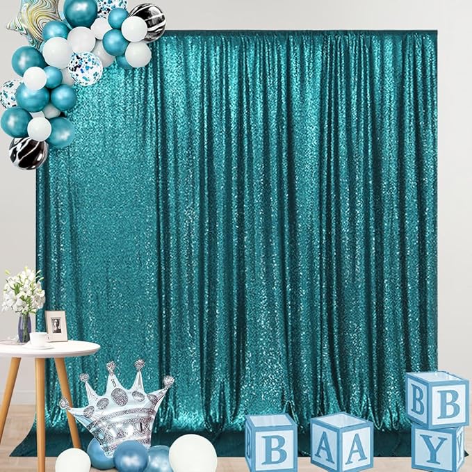 SquarePie Sequin Backdrop Curtain Not See Through Thick Glitter Background for Party 10FT x 10FT Teal