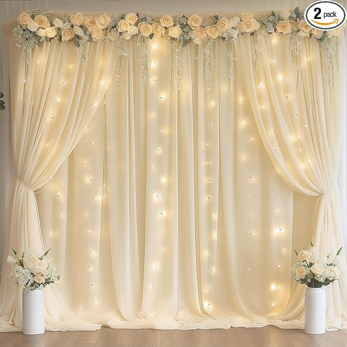 Light Champagne Backdrop Curtains with Lights String for Parties,10x10FT Wrinkle Free Wedding Photo Backdrop Curtains for Baby Shower Birthday Ceremony Reception Home Party Decorations-5ft x 10ft