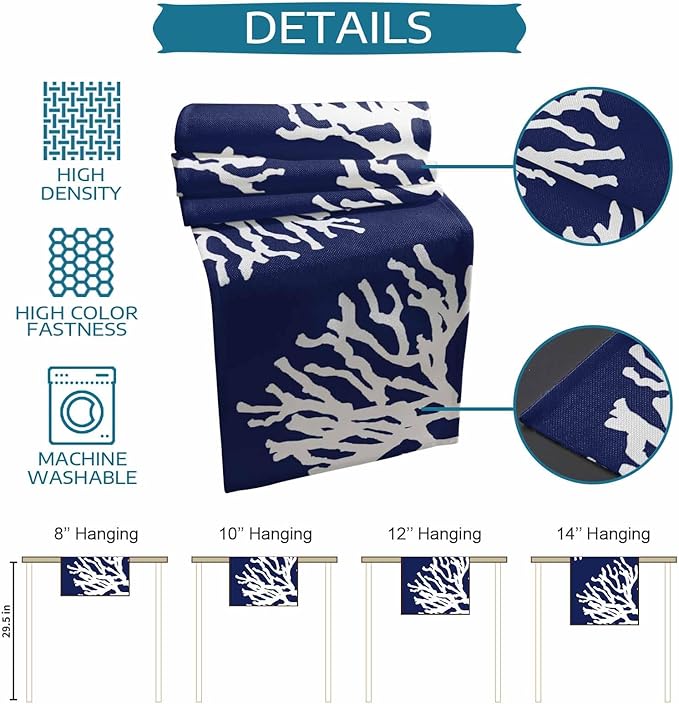 Coastal Coral Cotton Linen Table Runner for Dining Kitchen, Wedding Outdoor Party Tablerunners Decoration, Navy Blue Nautical Ocean Beach Dresser Scarf Coffee Tablecloth Runners 13x72 Inches