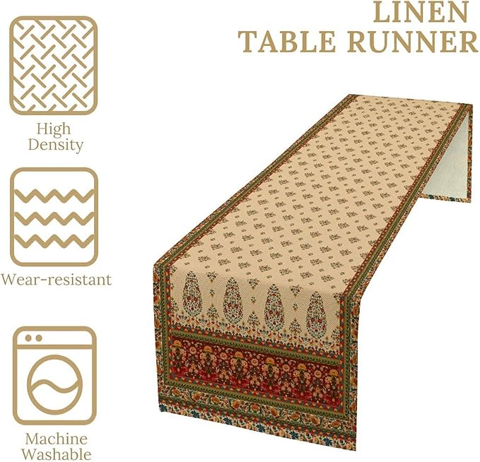 Boho Paisley Table Runner, Vintage Western Brown Dark Red Beige Flowers Leaves Print Table Runner for Kitchen Dining Table Wedding Holiday Party Decor, 13x90inch