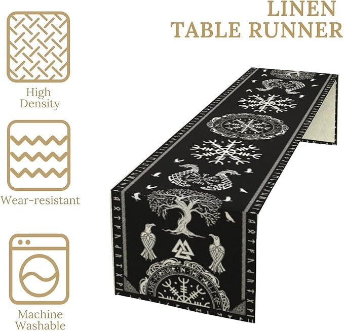 Ancient Abstract Pattern Table Runner, Tree of Life Eagle Dragon Boat Rudder Black and White Table Runner 13x70 Inch