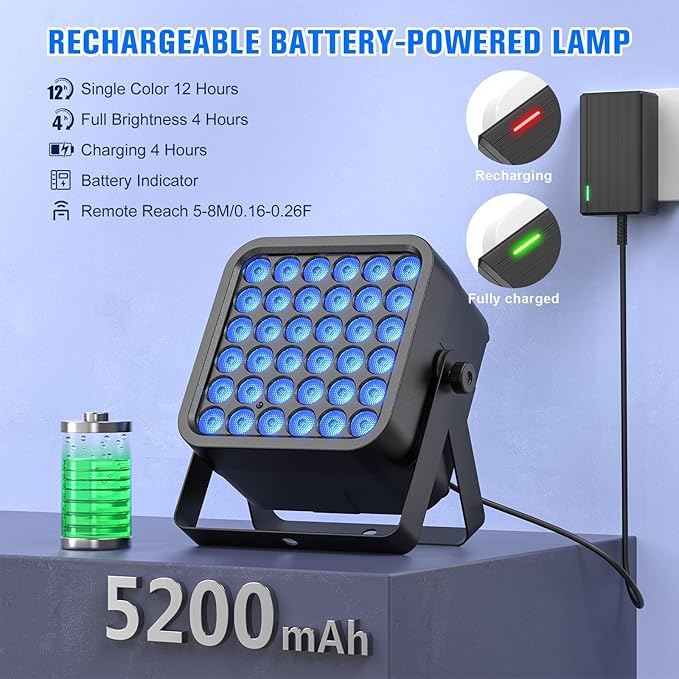 Rechargeable Par Can Lights, 72W RGB 5200mAh Uplights Battery Powered Stage Light, Wireless DJ Lights Sound Activated with Remote & DMX Control for Festivals, Weddings, Bars, Churches, DJ (8 Packs)